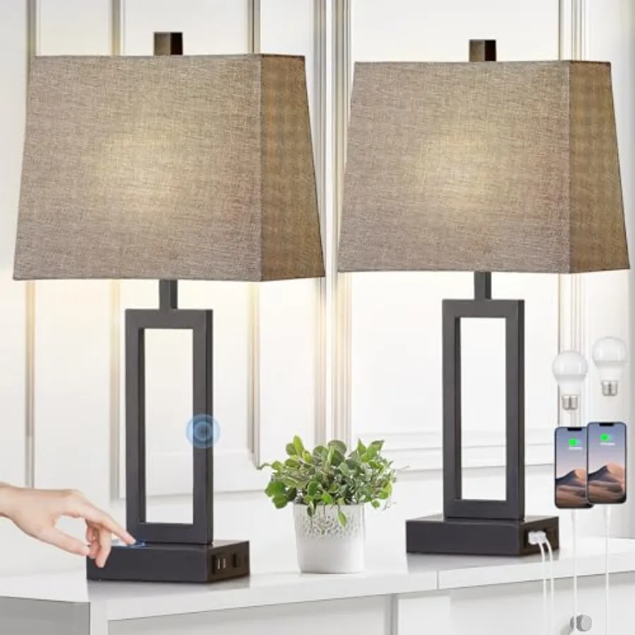 

23.5" Touch Control Table Lamps Set of 2, Modern Bedside Lamps with USB A+C Ports and AC Outlet, 3 Way Dimmable Contemporary Ni