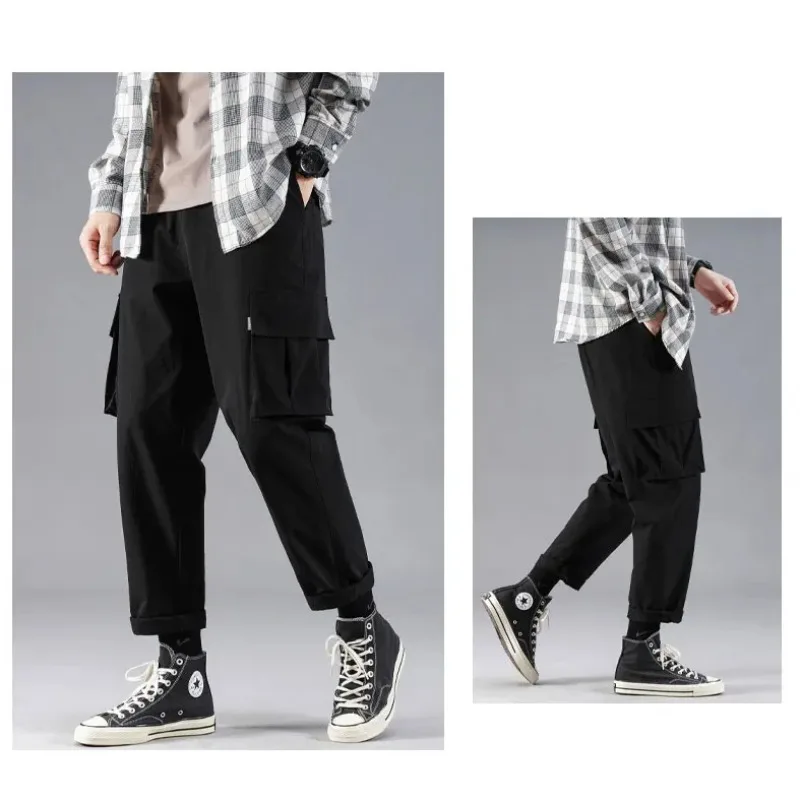 Men's Spring Autumn Drawstring Solid Color Pockets Bandage High Waisted Elastic Casual Sweatpants Trousers Clothing Pants