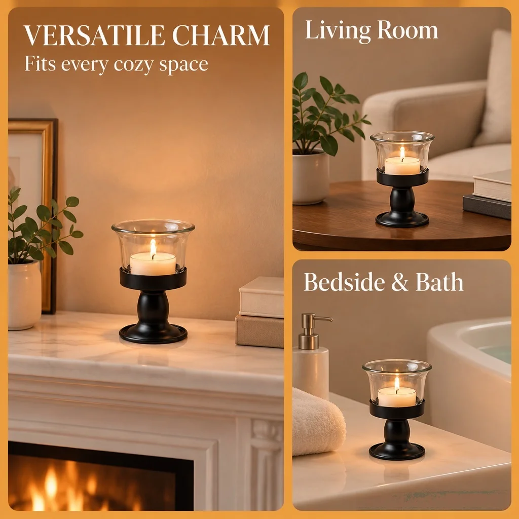 Pedestal Tealight Holder, Clear Heat-Resistant Glass Cup & Weighted Base, Vintage Candle Holder for Table, Mantel & Party Decor