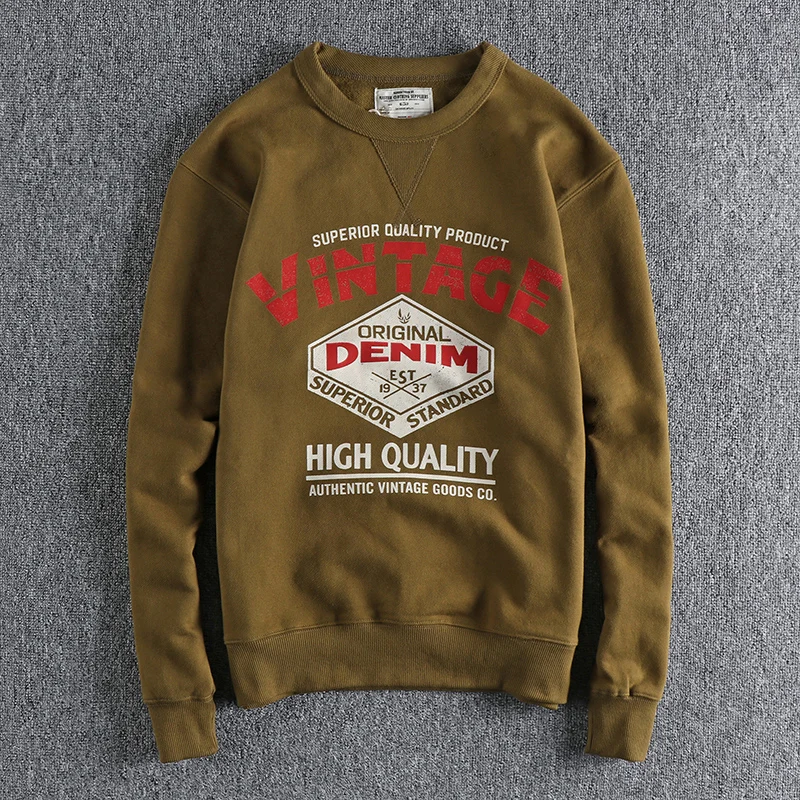 

Heavyweight High Gramage Thick Fleece round Neck Sweatshirt Men's Ameika Vintage Letter Print Casual Hooded Long Sleeve