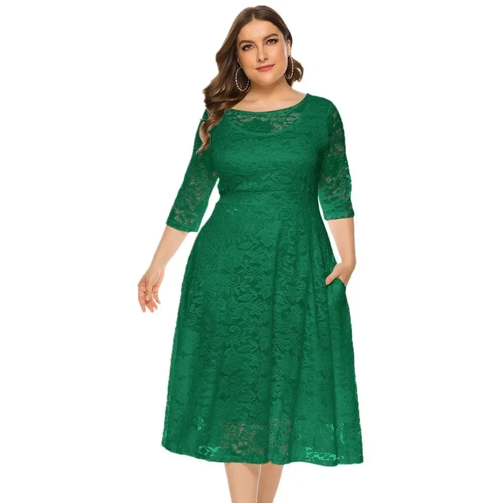 2024 Spring Elegant African 3/4 Sleeve O-neck Lace Plus Size Midi Dress Dashiki African Dresses for Women XL-8XL Africa Clothing