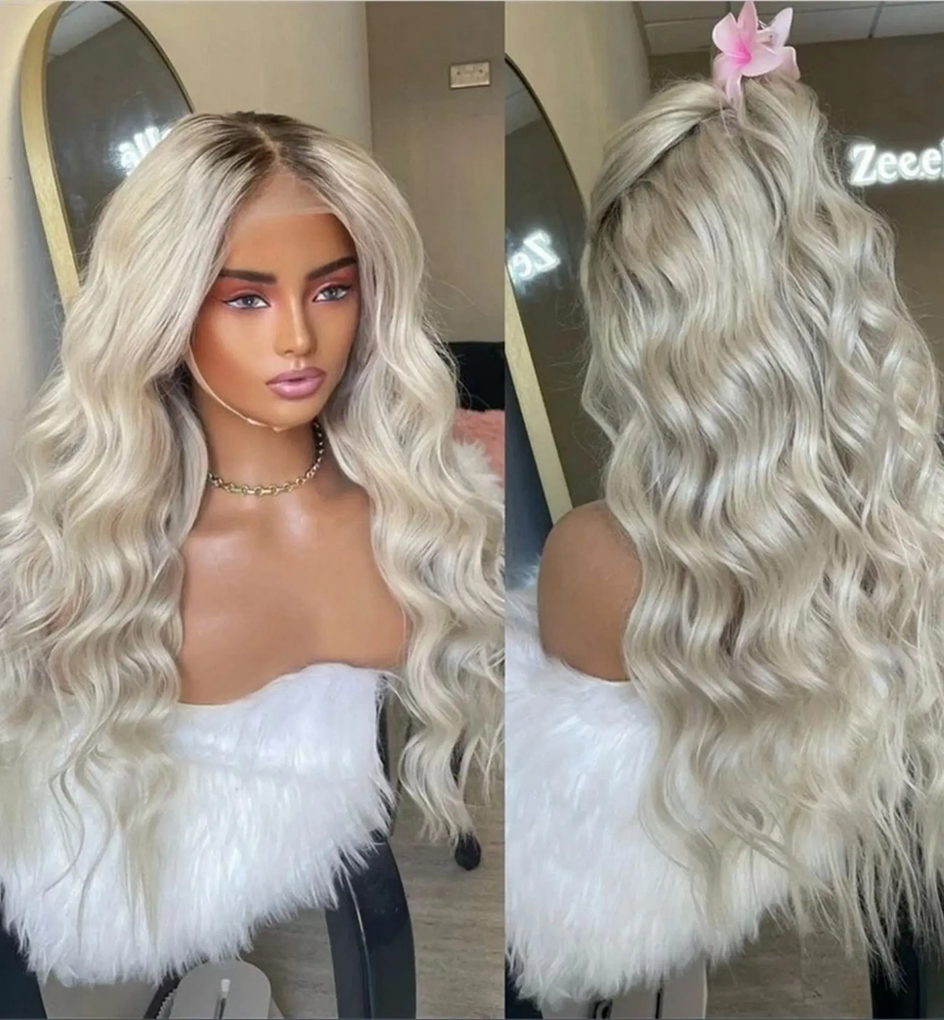 Realistic Look Natural Hairline Wigs Ombre White Platinum Blonde Synthetic Lace Top Wigs High Quality Body Wave Long Length Wigs