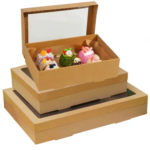 Bilashmart 2-6pcs Brown Kraft Paper Boxes with Window Outdoor Picnic Food Cardboard Box Donuts Muffins Cookies Macaroon Bakery Gift Box