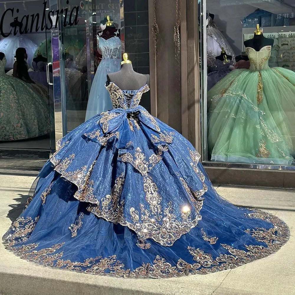 Dark Blue Ruffles Off The Shoulder Ball Gown Quinceanera Dresses With Gold Appliques Lace Corset Vestidos De 15 Años