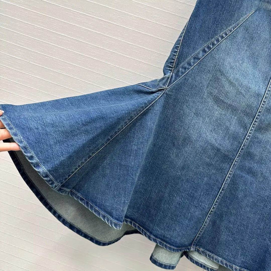 2025年秋新作 ヴィンテージ風 エレガント ブルーデニム フィッシュテールスカート レディース ハイウエスト フリル パッチワーク スリムフィット スイート ロングスカート