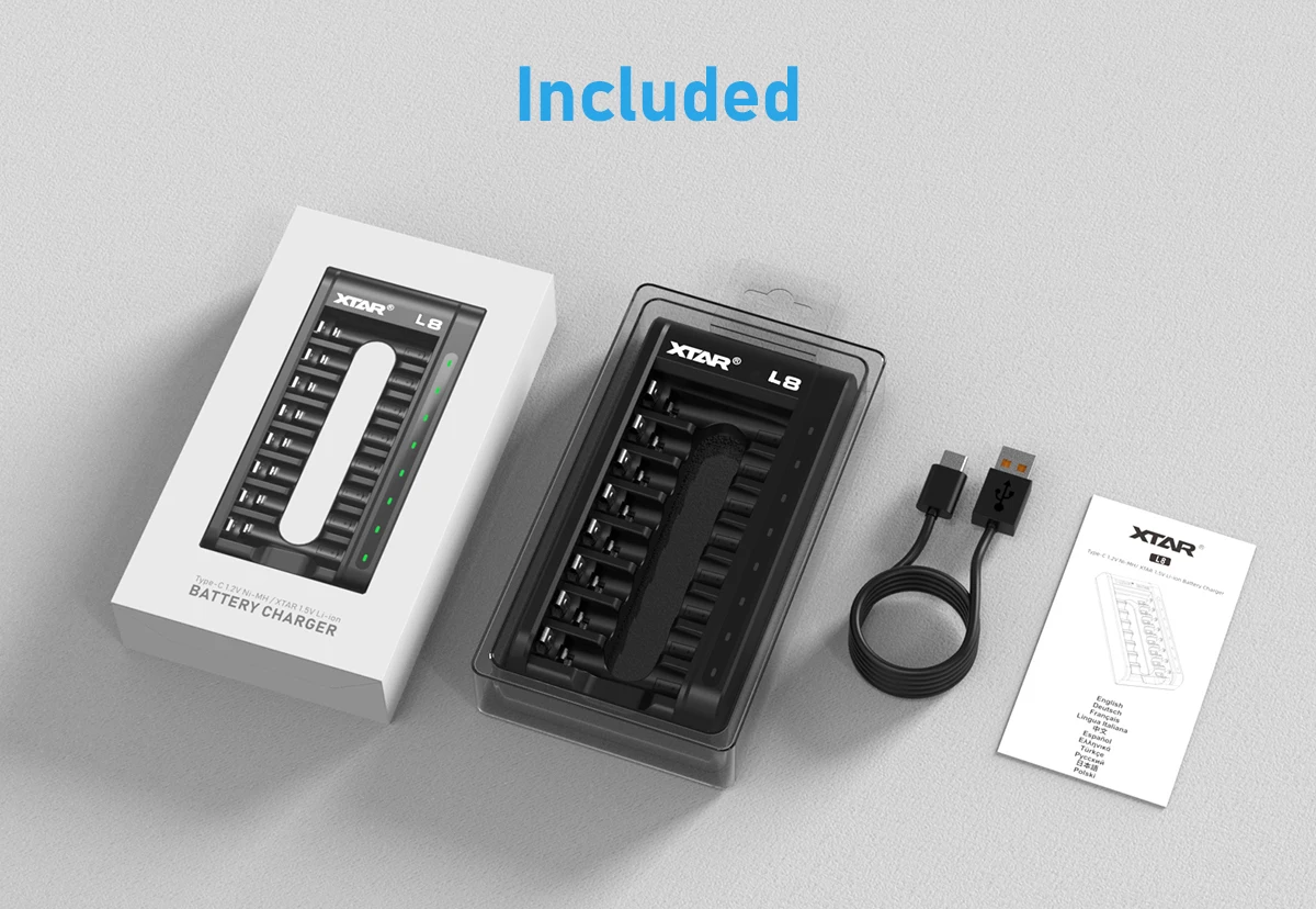 XTAR L8 Charger 8-slot Smart Charger For Li-ion Battery Mix-charging Li-ion NiMH Type-C Input