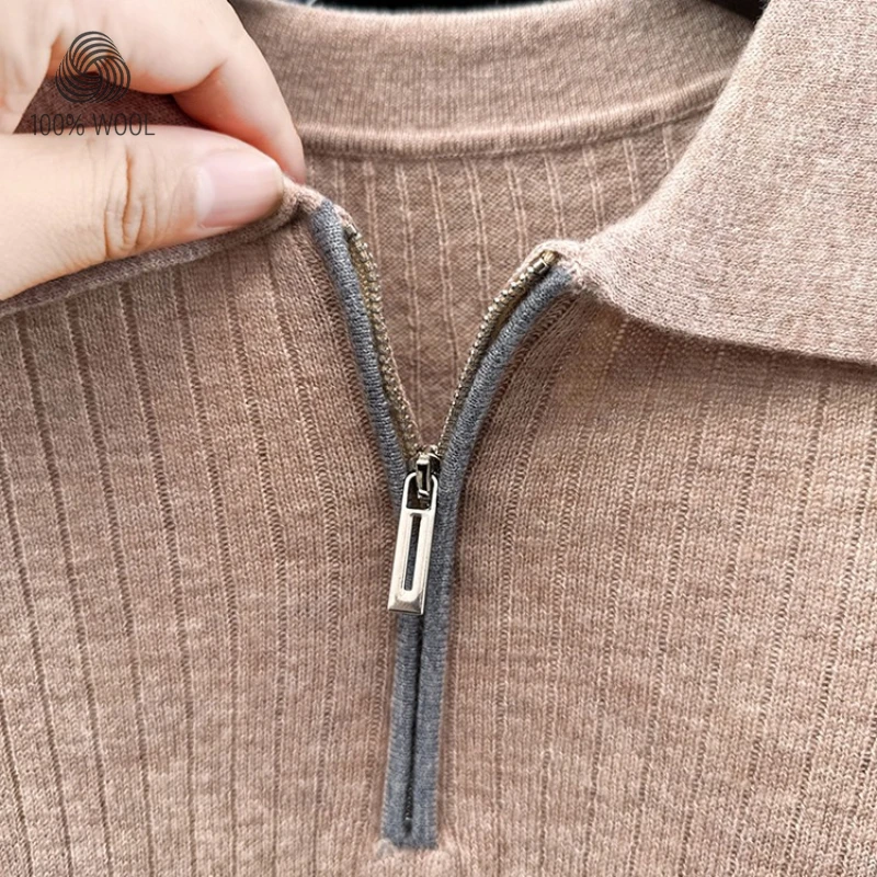 100% Cashmere Wool Sweater, Semi-Zip Placket Ribbed Texture, Soft Non-Irritating, 7 Colors M-4XL​ Business Casual