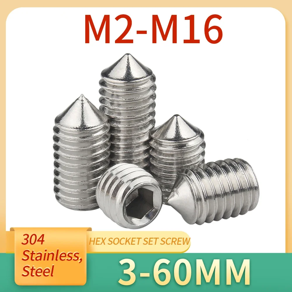 1/10/20/50pcs M2 M2.5 M3 M4 M5 M6 M8 M10 M12 M16 Hex Hexagon Socket Cone Point Grub Set Screw Bolts 304 Stainless Steel DIN914