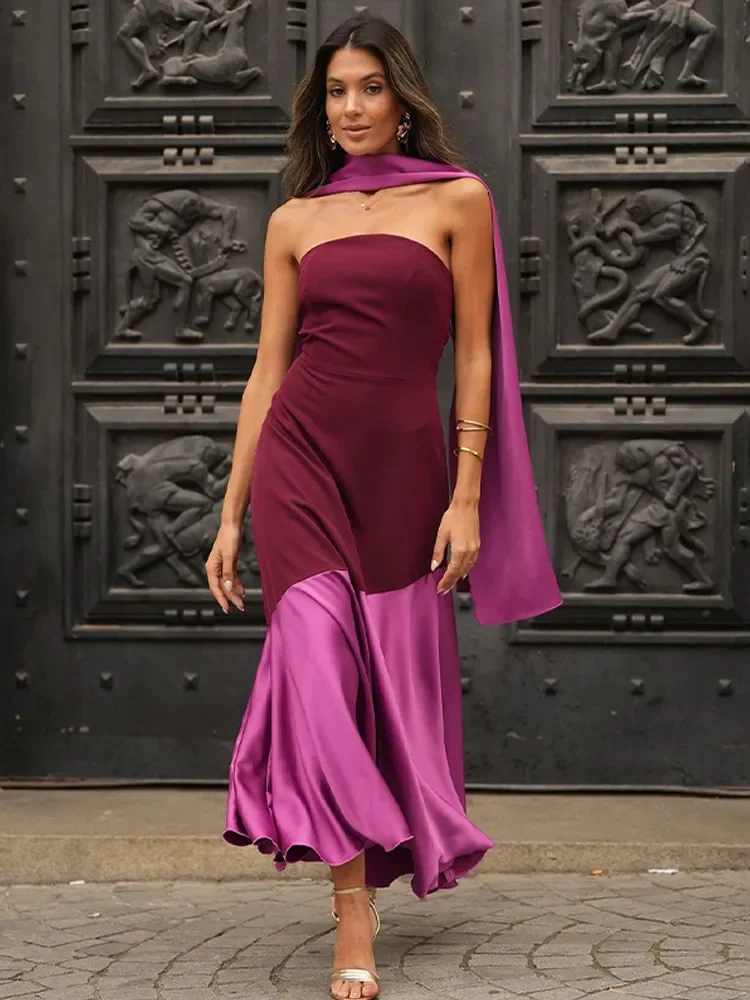 Sexy Satin-Patchwork-Schalkragen, rückenfrei, Maxikleid für Damen, elegant, ärmellos, schulterfrei, Kleid 2025, Abendparty-Kleider für Damen