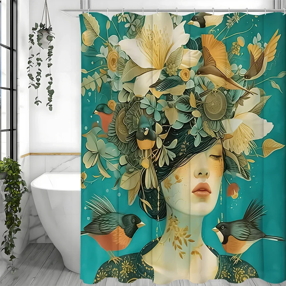 

Abstract Art Flower and Bird Girl Design, Shower Curtain, Bathroom Decorative Shower Curtain, Waterproof Shower Curtain with Hoo