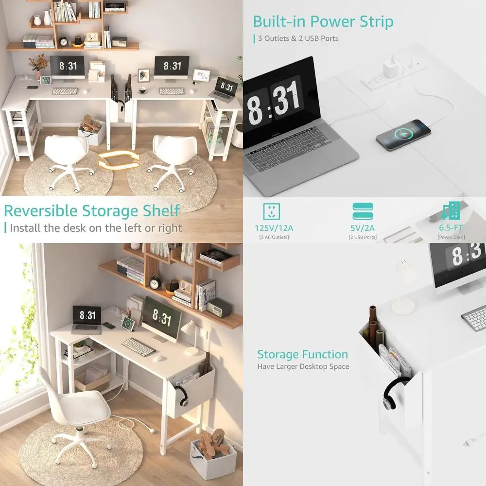 

Compact 40 White L-Shaped Desk with Power Outlet Shelves for Small Home Office Spaces