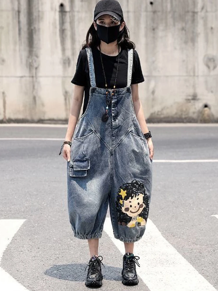 

Print Overalls Haren Pants 2025 Spring Summer Elastic Waistline Women Pants Loose Casual Pants