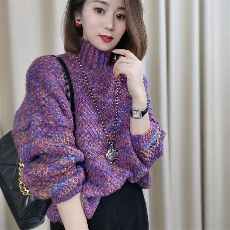 Winter Ladies Fashion Knitted Sweater Tops Korean Women High Neck Jacquard Knitted Autumn Female Dyeing Loose Pullover Knitting