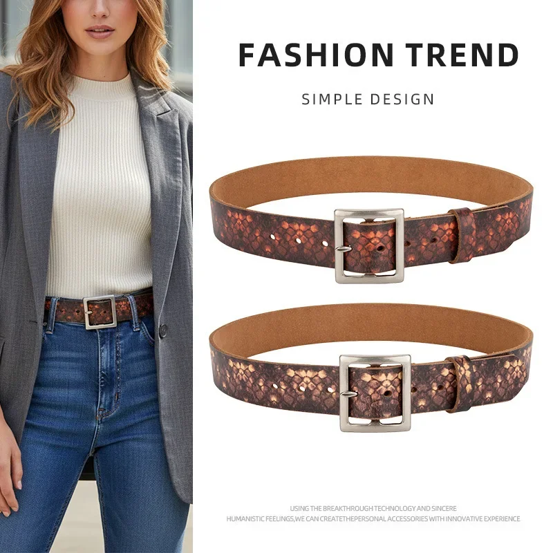 New Woman Square Head Silver Snake Pattern Personalized Needle Buckle Belt Retro Luxury Design Handmade Cowhide  Jeans Belts