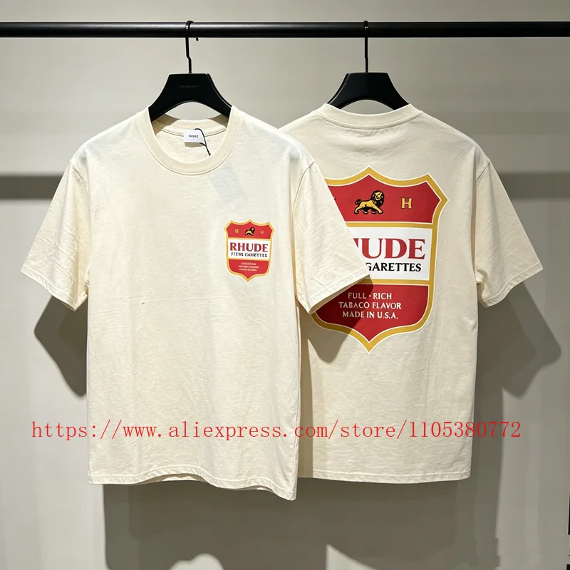 New 90s Vintage RHUDE Inspired Casual T-Shirt Cigarette Badge Print Streetwear Top Tee T Shirt