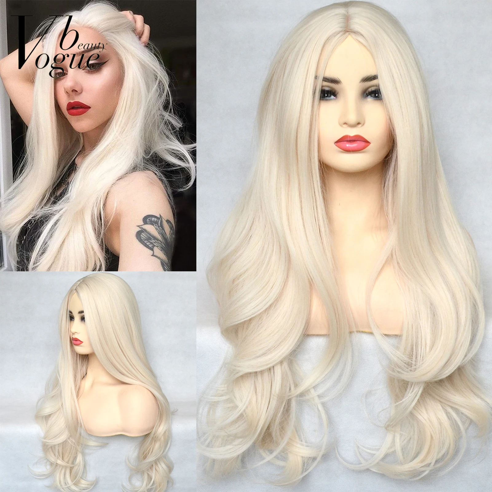 Platinum Blonde 60# Synthetic T-Lace Front Wig Long Natural Wavy Heat Resistant Hair Replacement Full Wigs Middle Part for Women