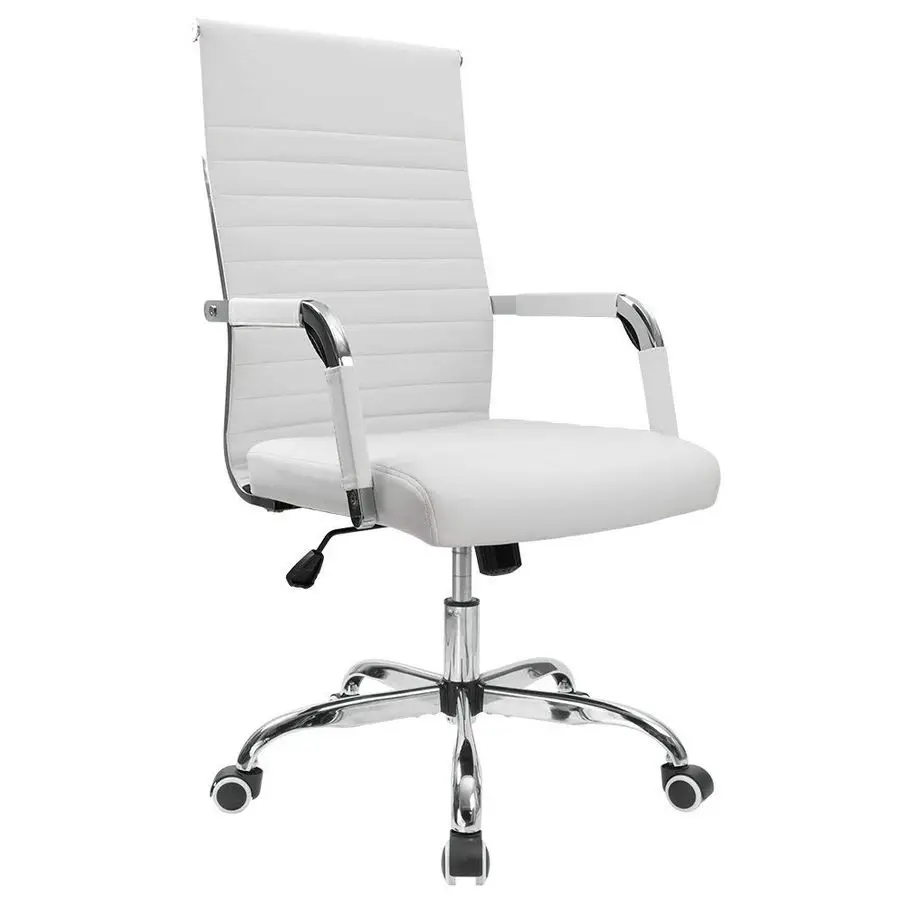 Ribbed Office Desk Chair MidBack PU Leather Executive Conference Task Chair Adjustable Swivel Chair with Arms White