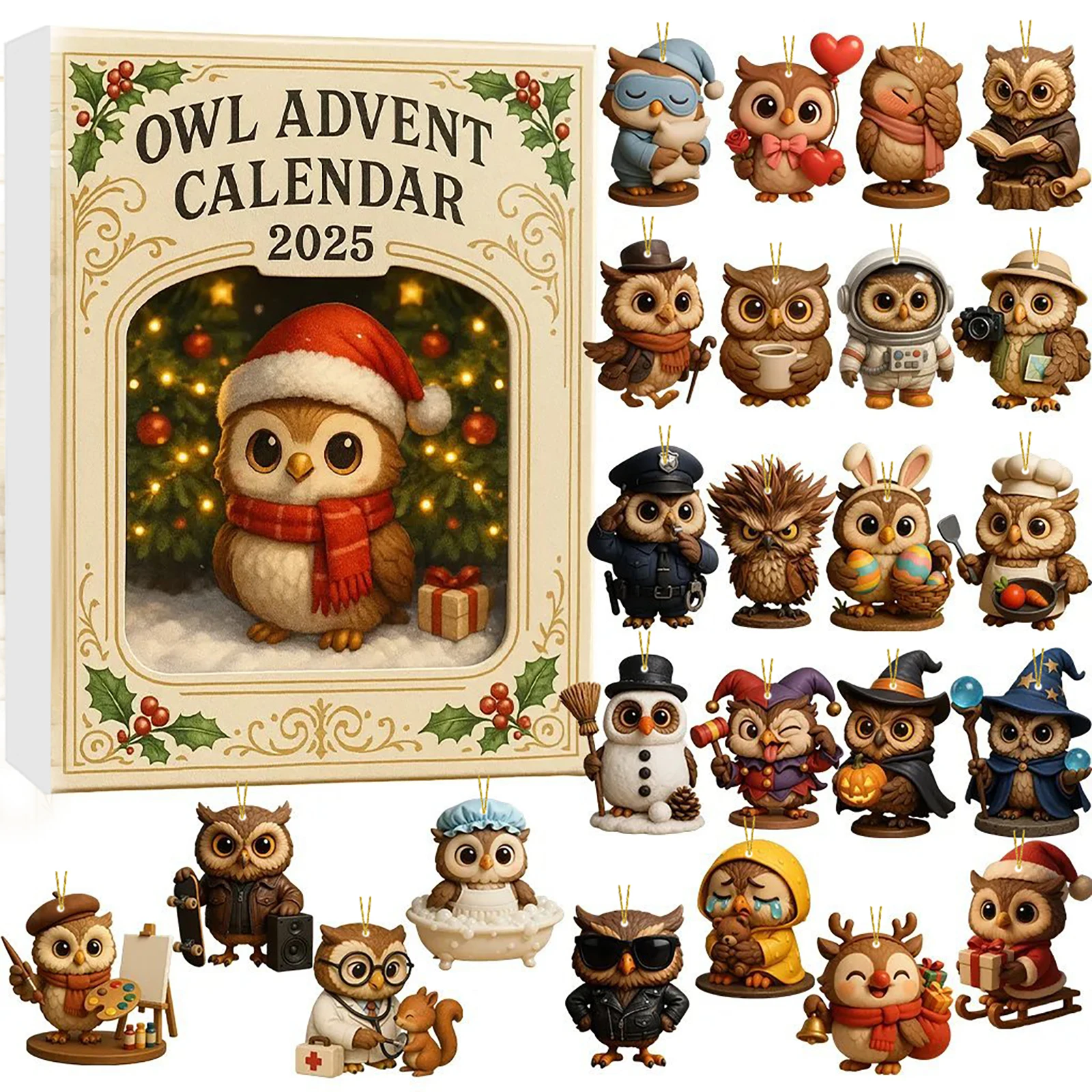 Owl 24-Tage-Weihnachts-Countdown-Kalender mit 2D flachen Acryl-Eulenornamenten, Weihnachts-Countdown-Kalender für Weihnachtsbaumschmuck