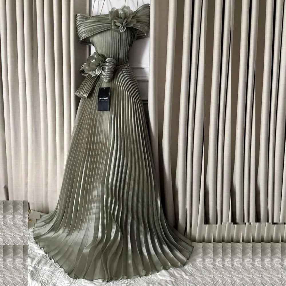 

Customized Pleated Evening Dresses for Women Boat Neck With Flower فساتين سهرات A Line Crepe سهرة نسائي