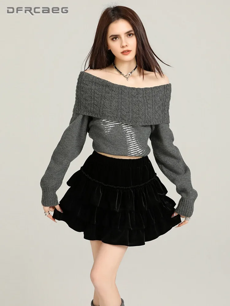 

Preppy Style Gold Velvet Sweet Cake Skirt For Women Autumn Winter Casual Velour Ball Gown Korean Short Skirts Woman