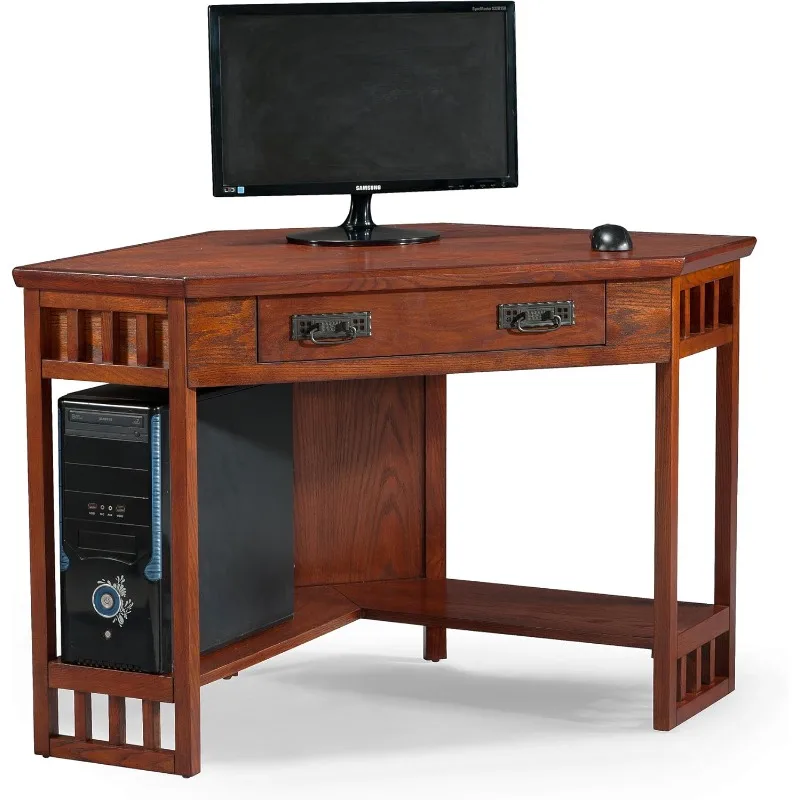 

Corner desk, writing computer desk with front drop-down keyboard drawer for home office, solid wood, Mission Oak