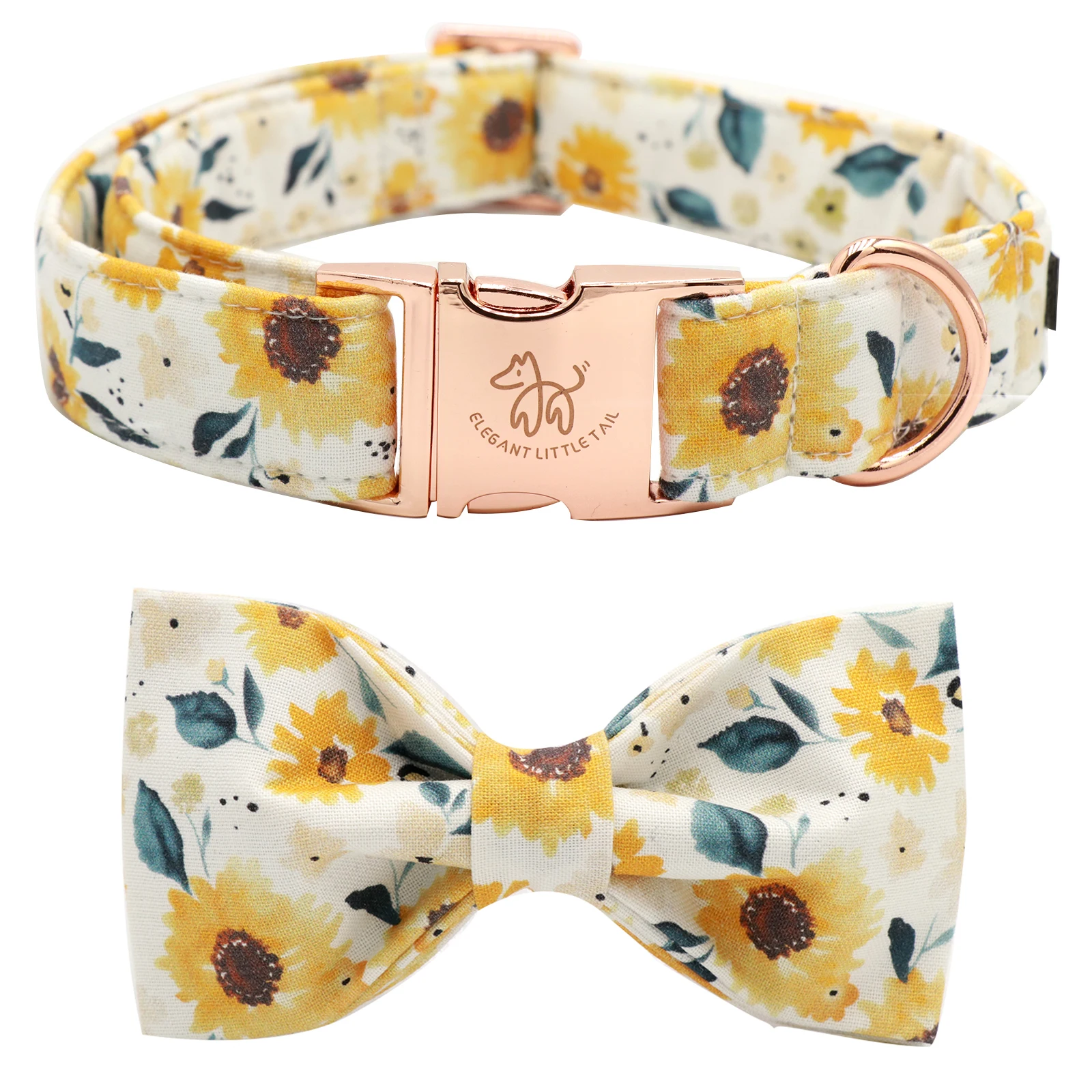 Elegant little tail Sunflower Print Dog Collar Girl Dog Collar with Bow Adjustable Soft Bow tie Dog Collars leash