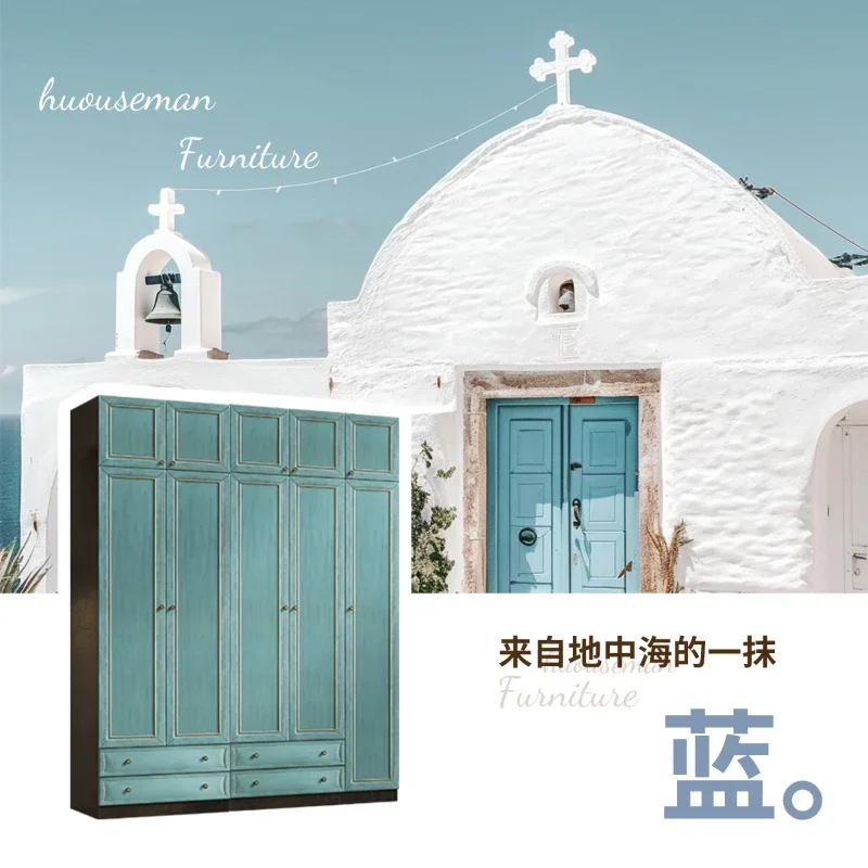 Hot Sales Mediterranean Style American Wardrobe Idyllic Retro Three-door European Style Large Wardrobe Simple Bedroom Hanging Wa