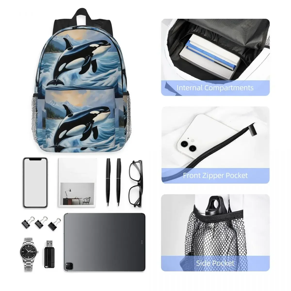 Orca Whale حقيبة الظهر رائجة البيع Daypack سعة كبيرة بنين بنات BookBag حقائب كتف للرجال النساء الأطفال حقيبة مدرسية