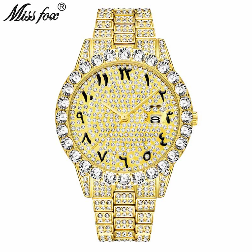 MISSFOX Men Quartz Wristwatches Unique Arabic Numerals Male Watch New Round Stainless Steel Waterproof Diamond Wristwatch Gifts