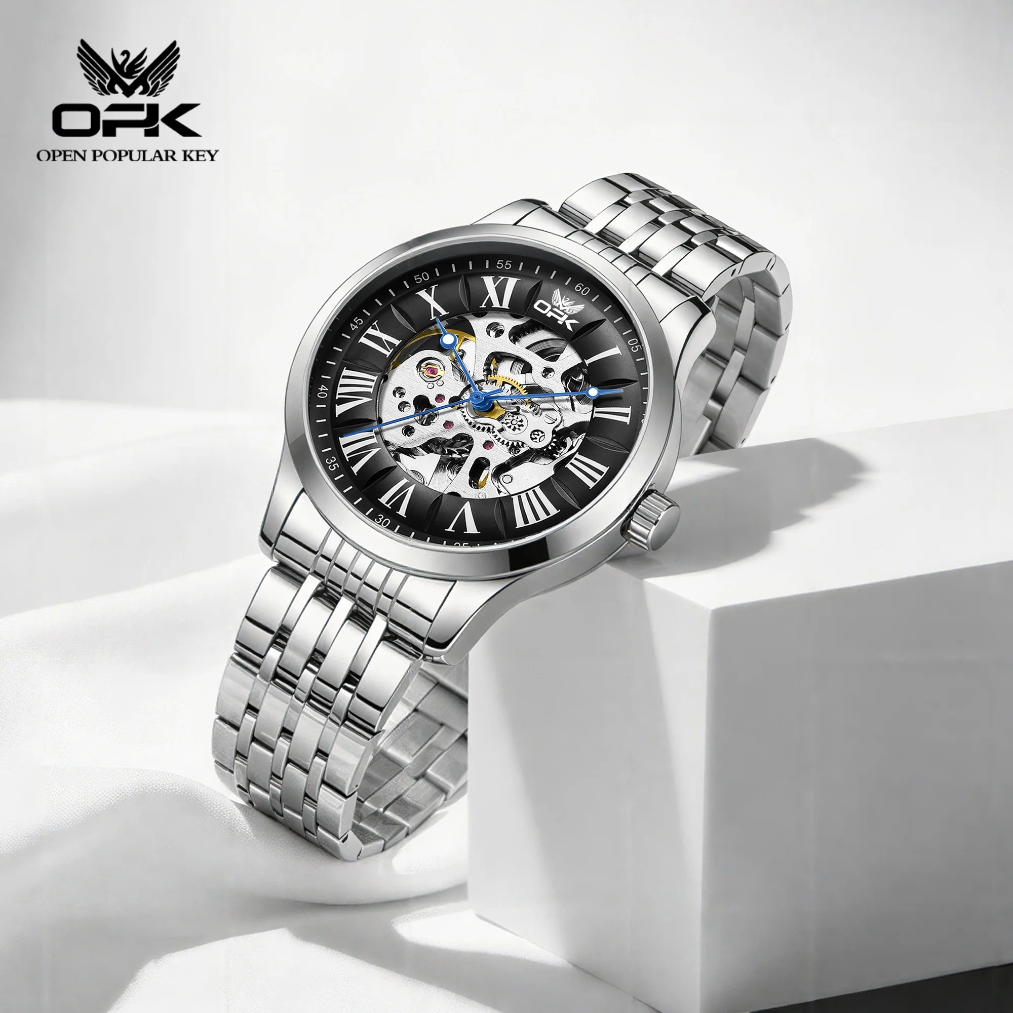 OPK 6102 Fully Automatic Mechanical Movement Watch Roman Dial High Quality Steel Strap 30m Waterproof Watch For Men