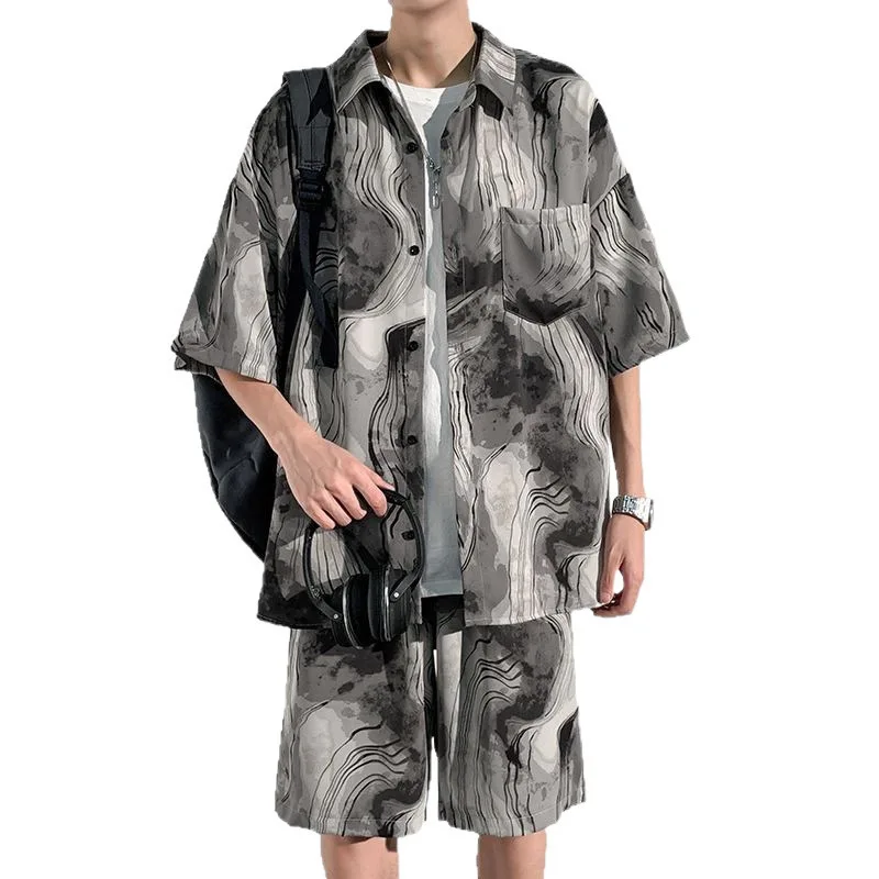 

Cartoon Hawaii tie-dye watercolor Ink color 3D Print shirt +Shorts Short Sleeve Flip collar shirts half pants Two Piece Set