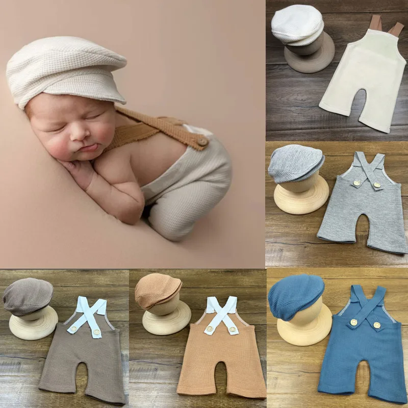 

Gentleman Baby Boy Suspender Pant+Hat Newborn Photography Props Clothes Infants Knitted Outfits for Photo Shooting Accessories