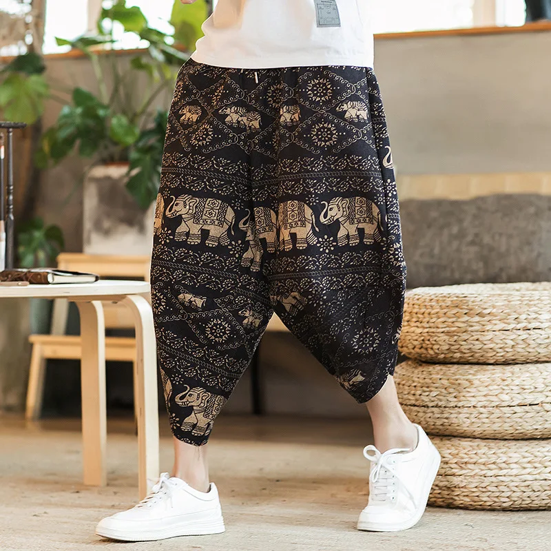 2024 Men Harajuku Summer Loose Calf Length Casual Pants Men Wide Leg Printing Baggy Pants Oversize Men Beach Trousers