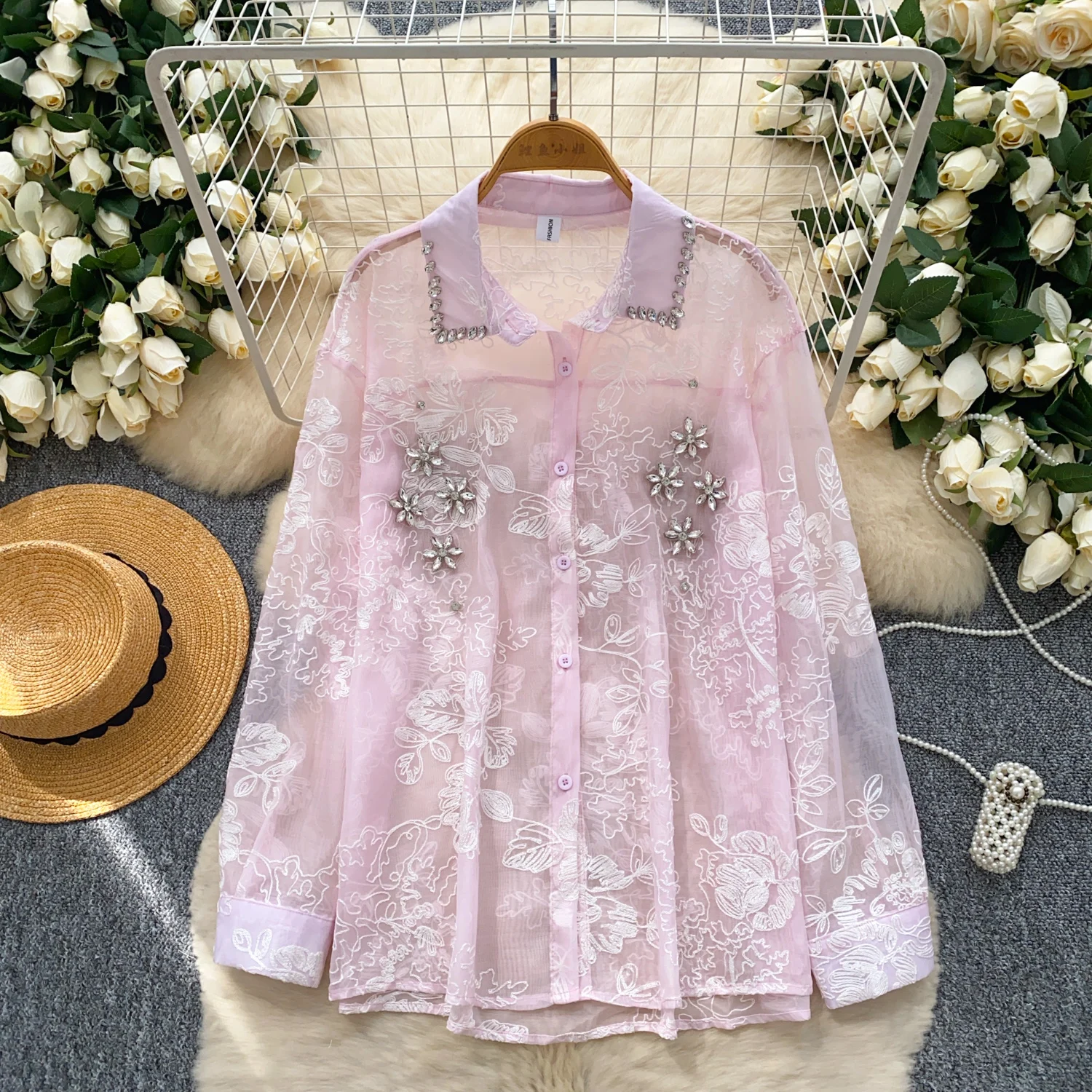

Chic Long Sleeve rhinestone Embroidered basics Elegant Fashion Sexy Shirt Summer Women Blouse Women
