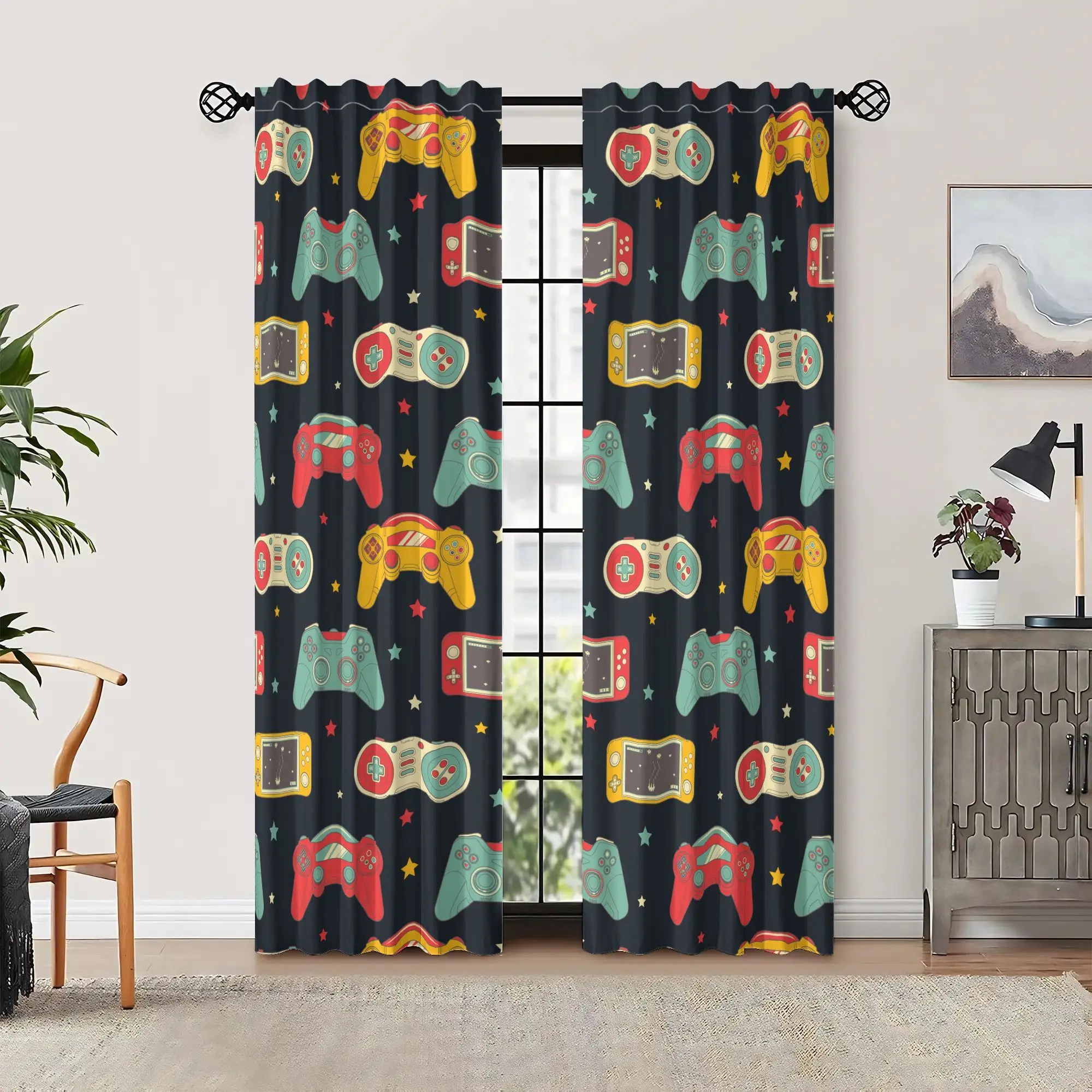 Retro game controller pattern curtains, with pole-mounted installation. Suitable for living rooms, bedrooms dining rooms hotels