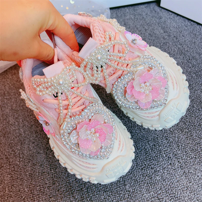 Girls Shoes 2023 Kids Fashion Running Sports Chunky Sneakers Toddler Brand Handmade Princess Shoes Children Pearls Flowers Flats