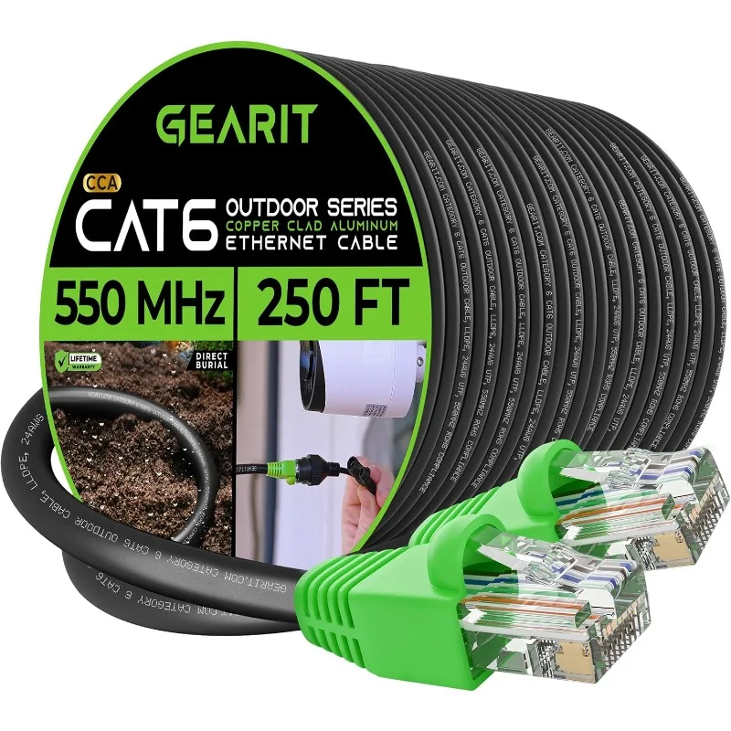 

RJ45 Cat-6 Ethernet Patch Cable, 10Gpbs Transfer Speed, Gold-Plated Connectors, Copper Clad, Outdoor, UV Resistant, Direc