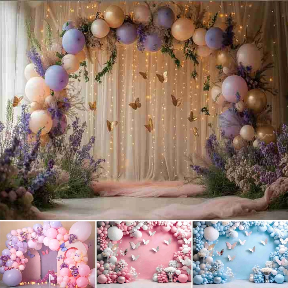 

Pink Purple Photography Background Butterfly Arch Balloon Girl Boy Birthday Party Baby Shower Cake Smash Decor Photo Backdrop ﻿