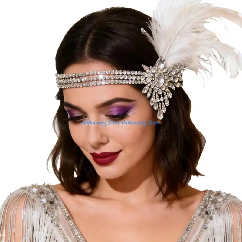 573B Luxurious Feathered Headpiece With Sparkling Rhinestones For Formal Occasion 20s