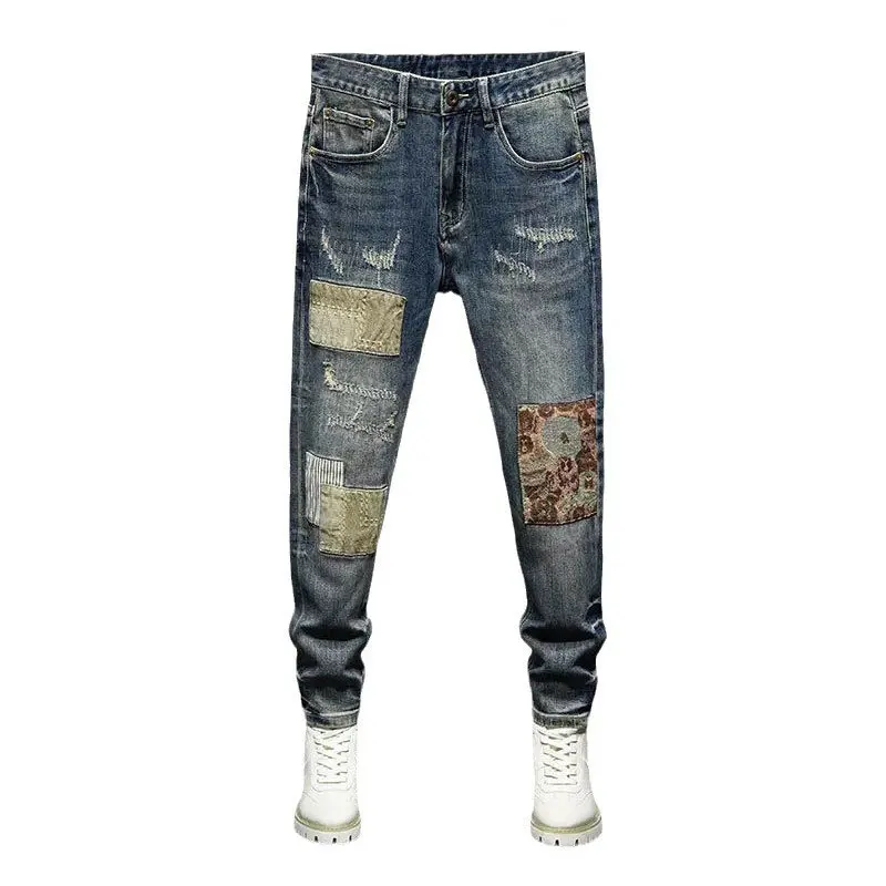 Fashion Streetwear Men Jeans Retro Washed Blue Stretch Slim Fit Ripped Jeans Men Patched Designer Hip Hop Denim Pants Hombre