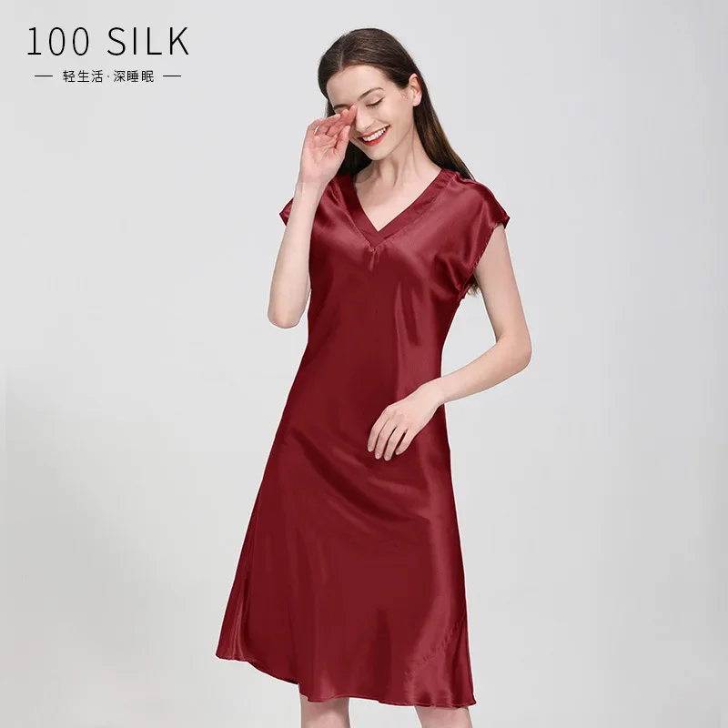 22MM Silk Red Nightgowns Night Dress 100% Mulberry Silk Valentine Nightdress Short Sleeve Woman Dress V-neck Home Wear Dress