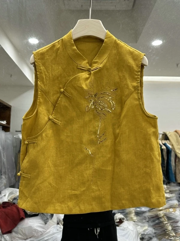 

Льняная рубашка с вышивкой, на пуговицах по бокам, с воротником-стойкой, женский жилет, дышащий, удобный, летний, модный, повседневный стиль, однотонный