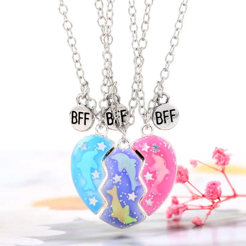 Lovecryst 3pcs/set Heart Broken Dripping Oil Dolphin Magnet Stitching Best Friend Necklace for Kids Girls BFF Friendship Gifts