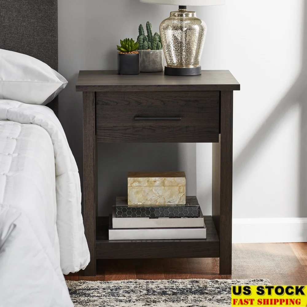 

Espresso Nightstand with Drawer Open Storage Bedside Table Alarm Clock Books Decorative Items Bedroom Furniture