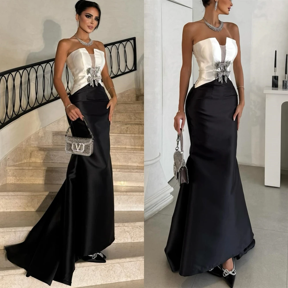 

Customized Graceful Strapless Evening Dress Exquisite Sweep Train Prom Dresses Formal Satin Mermaid Special Occasion Gowns