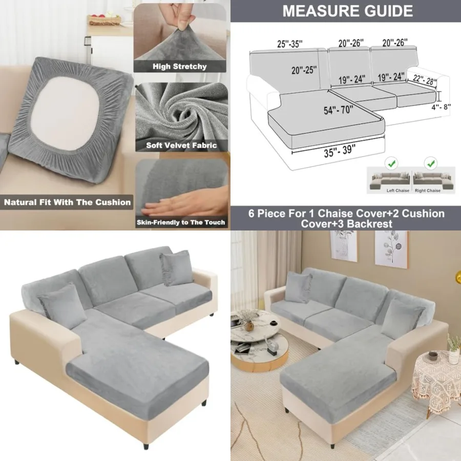 

Sectional Couch Covers 6 Pieces Velvet Couch Cushion Covers L Shape Soft Stretch Sofa Slipcovers with 2pcs Pillowcases for Left
