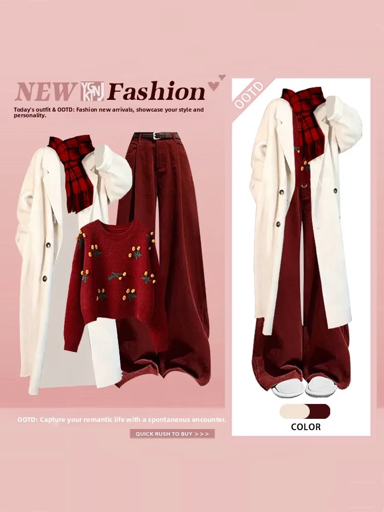 

Ретро академический женский модный свободный вязаный свитер и шерстяное пальто с высокой талией, широкие брюки, комплект футболок