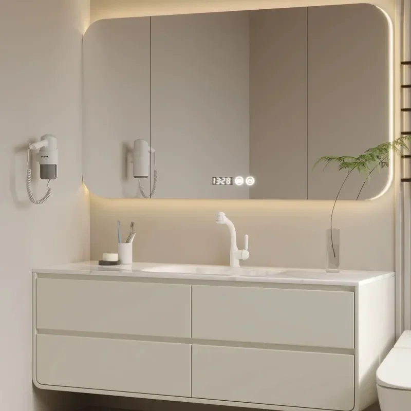 Rock Slab Hot Bending Integrated Basin Oak Bathroom Cabinet with Smart Mirror Cabinet Washbasin Sink Storage