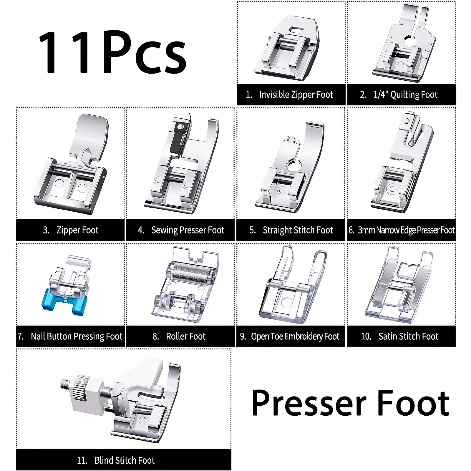 Box Of 11pcs Presser Feet Sewing Machine Parts Presser Feet Suitable For Brother Singer Janome Babylock view 5