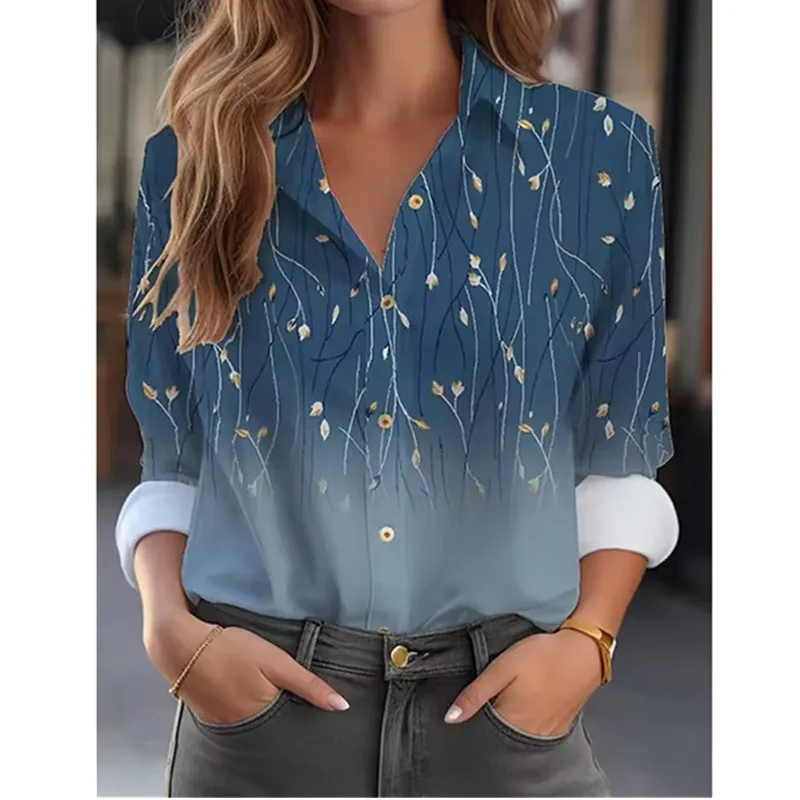 

Модная женская повседневная рубашка с 3D ретро цветочным градиентным принтом, повседневные топы, блузка с длинными рукавами и пуговицами, топы